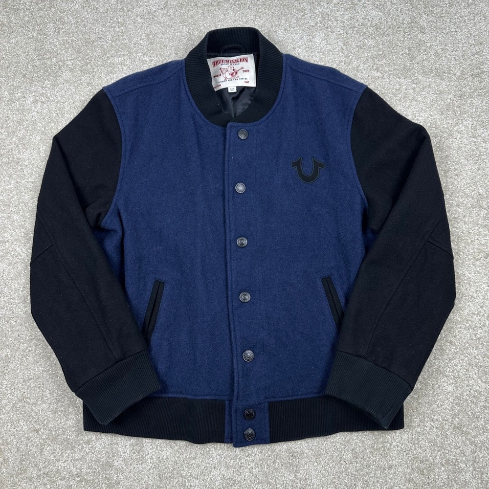 True Religion Mens Wool Blend Varsity Bomber Jacket Navy Black XL TRUE RLGN Logo